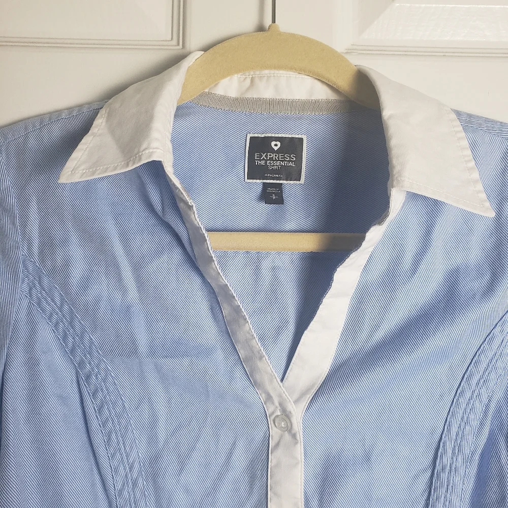 Express The Essential Shirt Blue and White Button Down - Picture 2 of 11